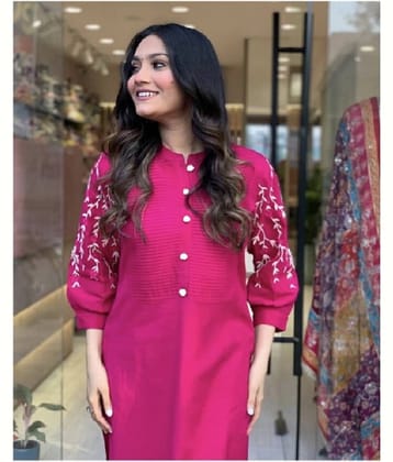 ETZIN Women Rayon Embroidered Straight Kurti With Pants ( Pink )