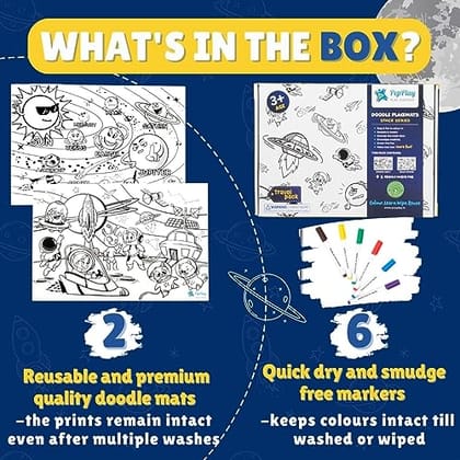         PepPlay Reusable 2 Coloring Placemats Sheet with 6 Erasable Marker Pens, Non Toxic,Creative Doodle Art Kit, Travel Coloring Art Kit for Kids, for 3+ Years Age Groups (Space Series Theme)       