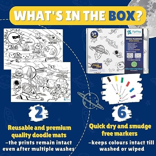         PepPlay Reusable 2 Coloring Placemats Sheet with 6 Erasable Marker Pens, Non Toxic,Creative Doodle Art Kit, Travel Coloring Art Kit for Kids, for 3+ Years Age Groups (Space Series Theme)       
