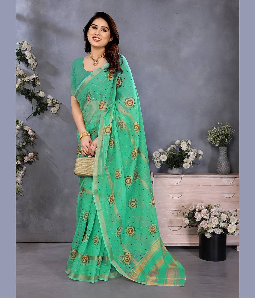 Sidhidata Cotton Printed Kota Doria Saree With Unstitched Blouse Piece ( Sea Green )