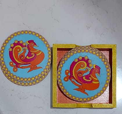 Kalakrishta Handpainted Peacock Coaster Set of 6 with Holder