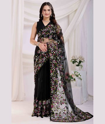 Lady Shopi Net Embroidered Regular Saree With Unstitched Blouse Piece ( Black )