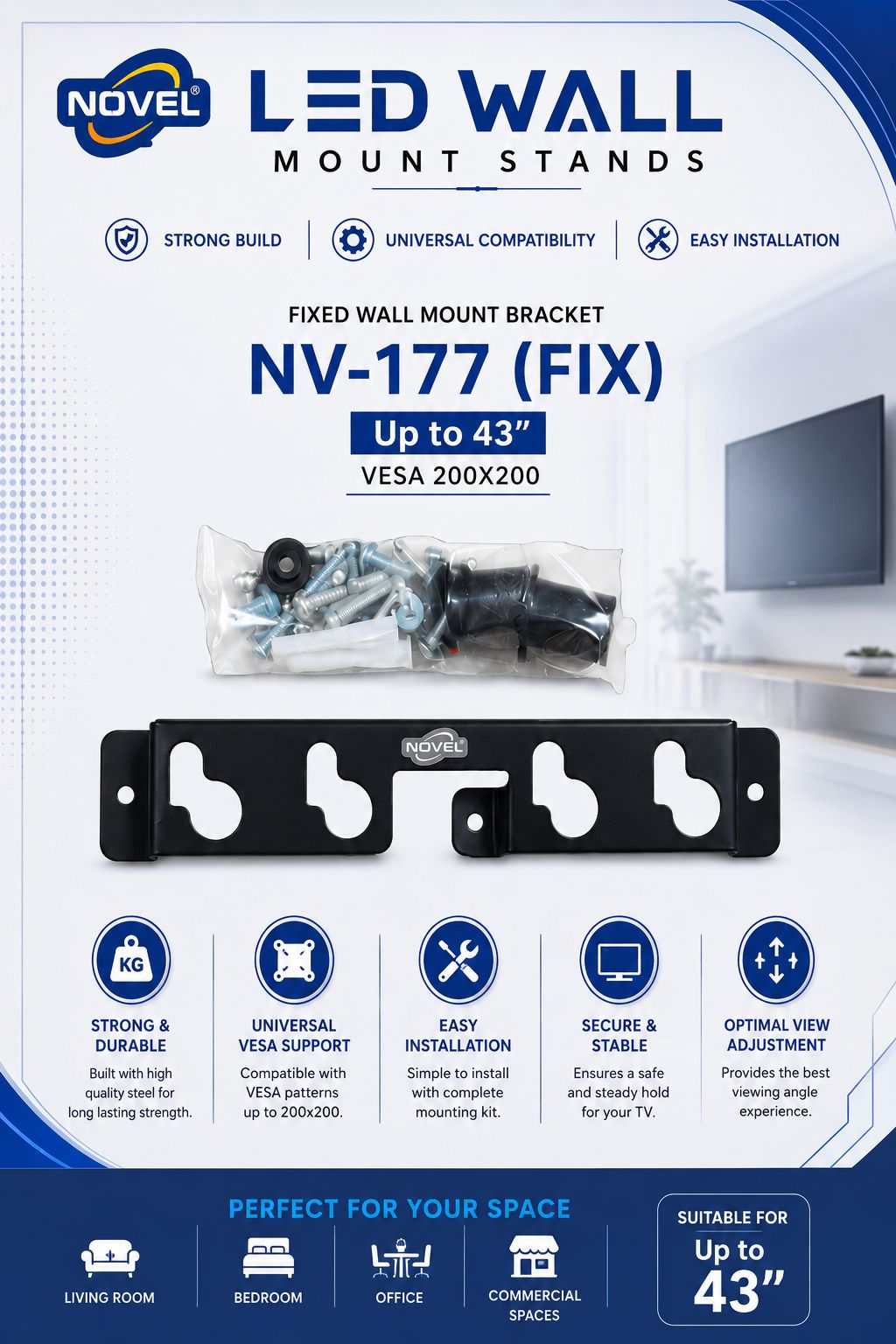 NOVEL NV-MI Fixed LED TV Wall Mount for 43 & 55 Inch TVs