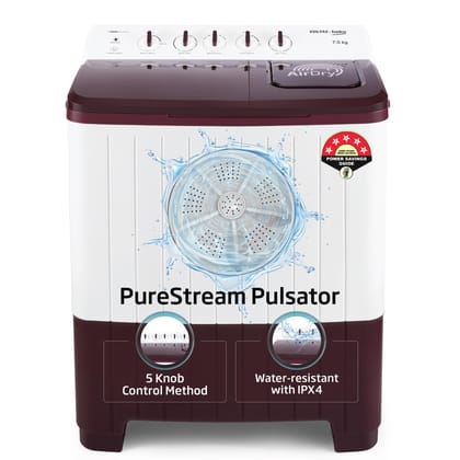 Voltas Beko, A Tata Product 7 Kg 5 Star Semi-automatic Top Load Washing Machine with PureStream Pulsator Wash Technology (WTT70UHA/OK5R0R0W01, Burgundy, 5 Knob Control Method) Burgundy / 7.0 KG