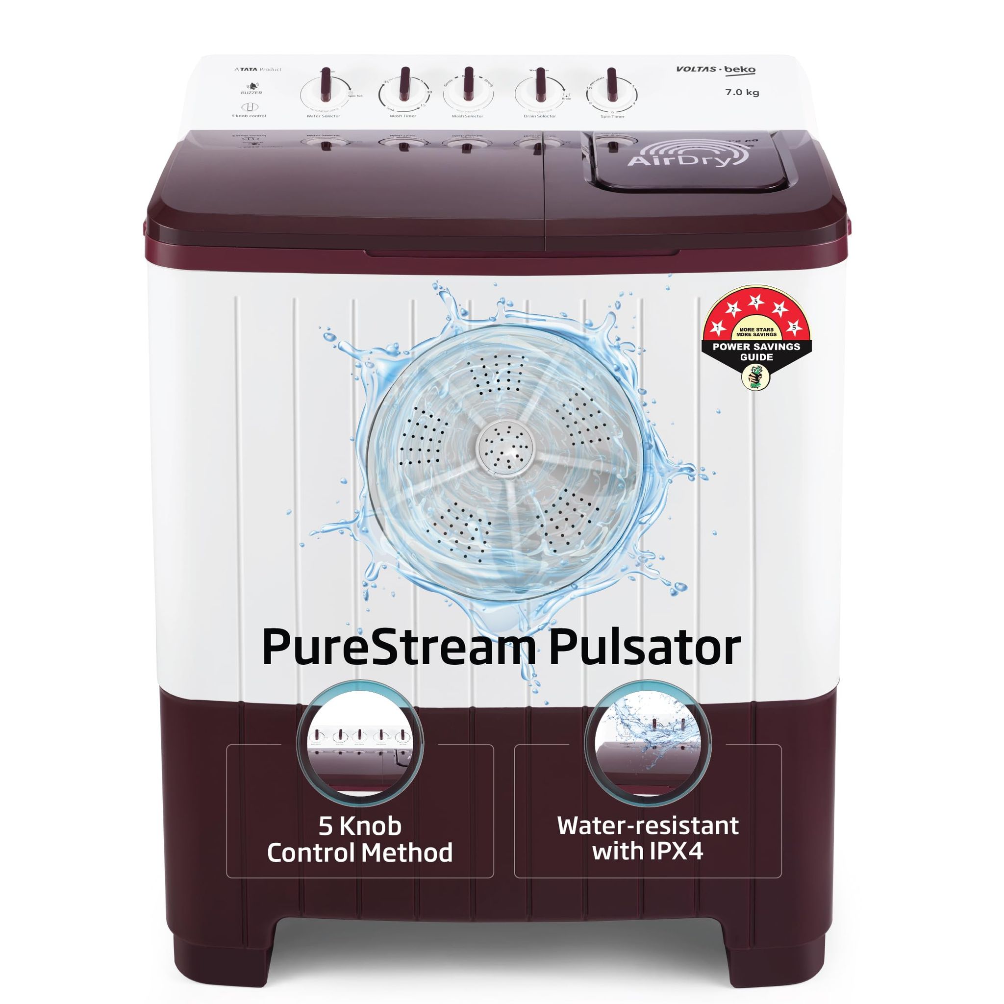 Voltas Beko, A Tata Product 7 Kg 5 Star Semi-automatic Top Load Washing Machine with PureStream Pulsator Wash Technology (WTT70UHA/OK5R0R0W01, Burgundy, 5 Knob Control Method) Burgundy / 7.0 KG