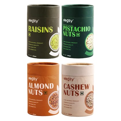 ELEGITY Dry Fruit Combo Pack | Jumbo California Almonds, Pistachios, Cashew, Green Raisins (200 gm each) | 100% Natural, No Added Preservatives | Nutritious Snacks - Pack of 4