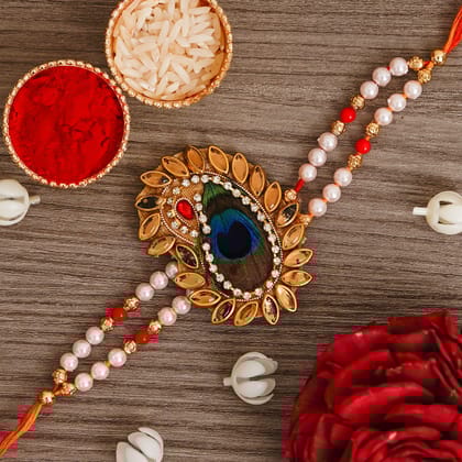 Multicolor Peacock Feather Rakhi and Roli Chawal Pack