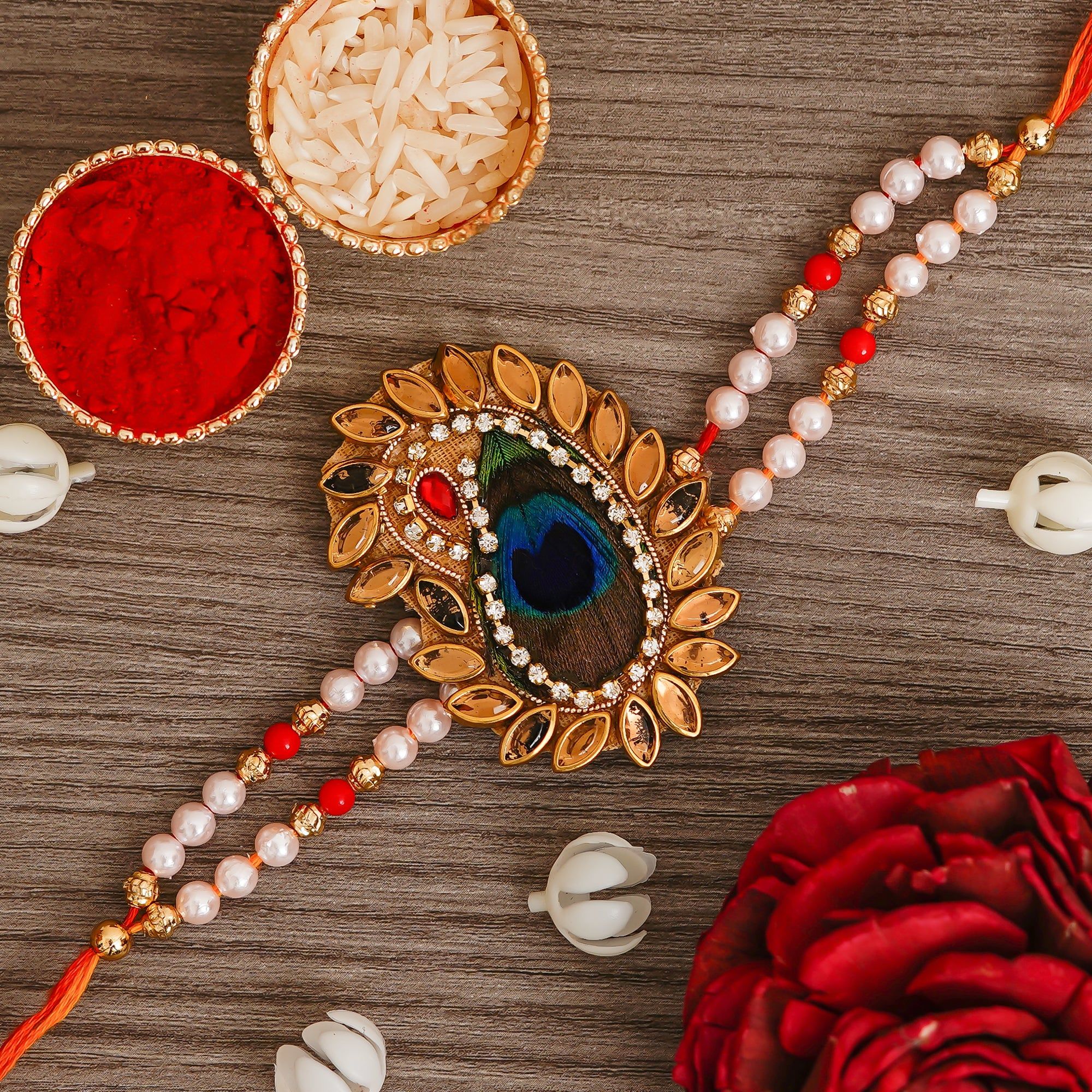 Multicolor Peacock Feather Rakhi and Roli Chawal Pack
