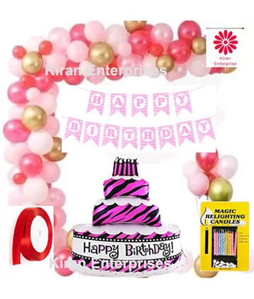 Kiran Enterprises Happy Birthday Banner ( Dotted Pink ) + 1 pc. Cake Foil Balloon ( Pink ) + 10 pc. Magic Candles + 1 pc. Ribbon + 30 Metallic Balloon ( Pink, White, Gold )