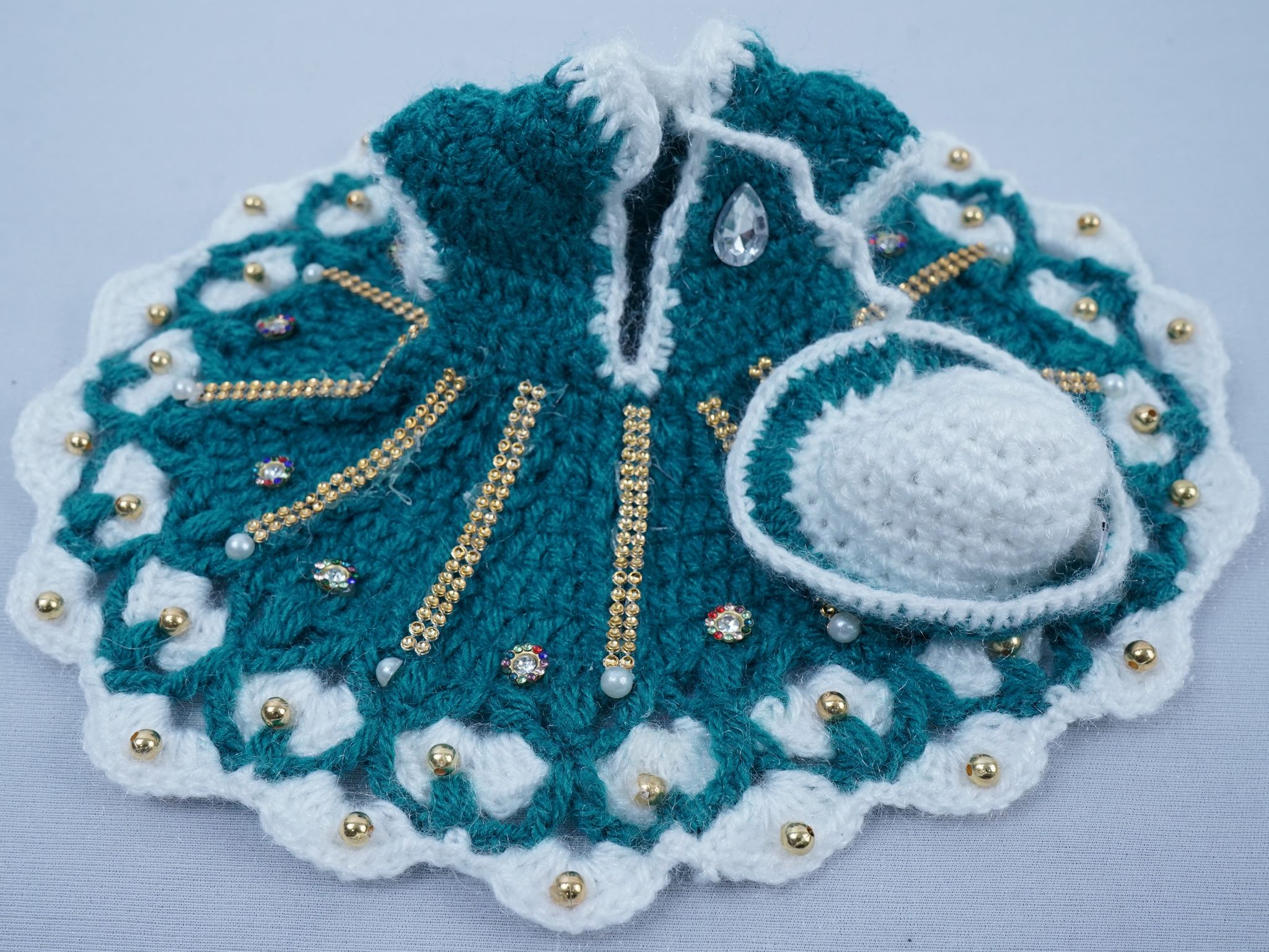 Teal & White Woolen Embellished Laddu Gopal Dress Set
