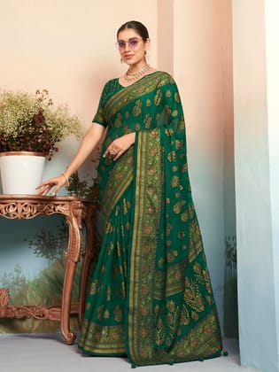 Green Poly Viscose Georgette Jacquard Butta Banarasi Saree