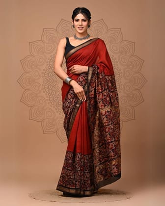 Fascinating Maheshwari Pure Silk Red Saree Blockprint