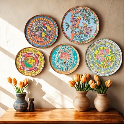 Set of 5 Wall Plates | Wall Decor items for living Room Hall & Office | Wall Hanging Plates for Gifting (Madhubani)