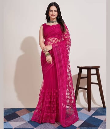 Apnisha Net Embroidered Saree With Unstitched Blouse Piece ( Rani )