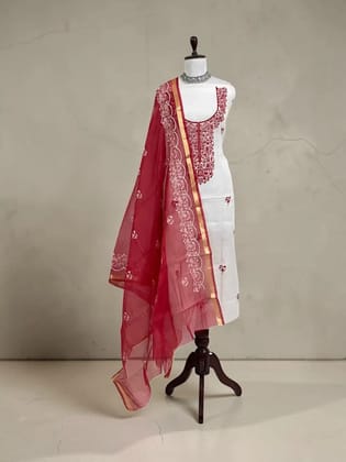 Kota Doria Maroon Red Cotton-Silk Dress Material with Hand Embroidery
