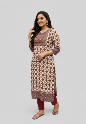 Rivaaj Ethnic Shreya Ajrakh Cotton Straight Kurta (Size 2XL) | Cream Handblock Print | 3/4th Sleeves | Round Neck | Breathable Fabric