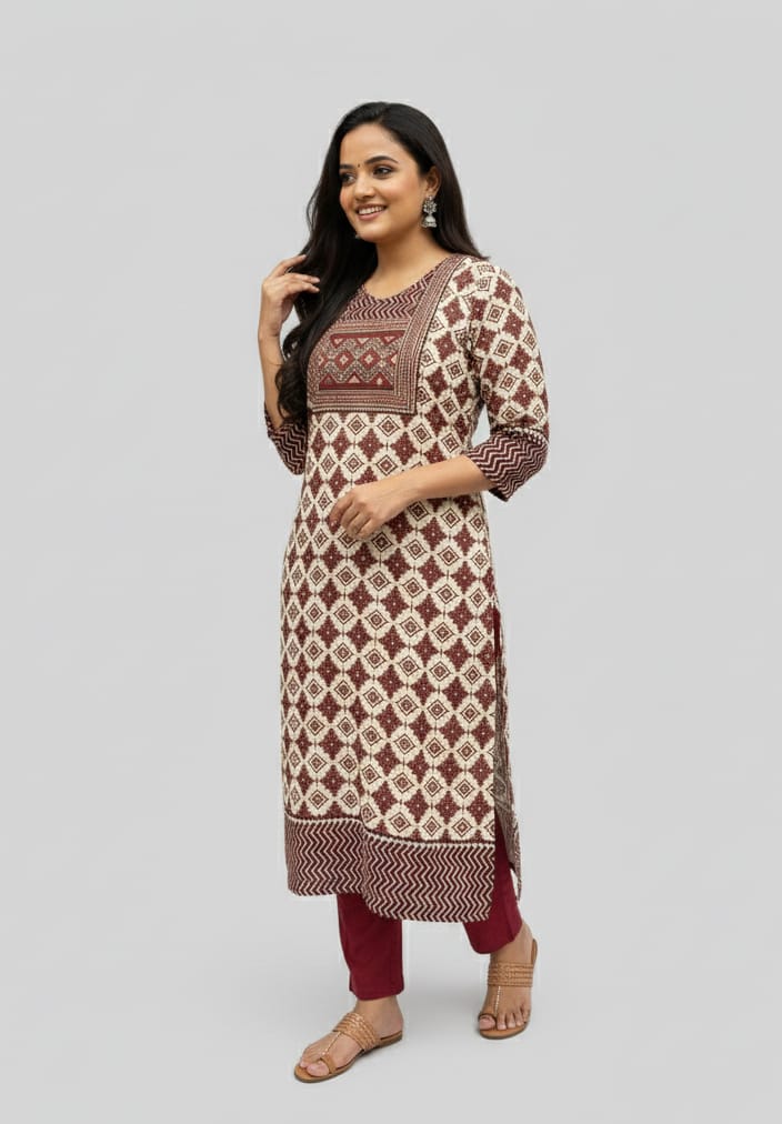 Rivaaj Ethnic Shreya Ajrakh Cotton Straight Kurta (Size M) | Cream Handblock Print | 3/4th Sleeves | Round Neck | Breathable Fabric
