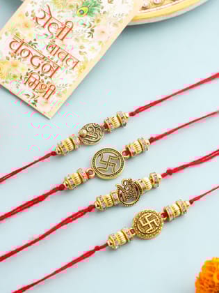 NVR Men Set of 4 Gold Toned Artificial Stones Swastik Design Thread Rakhi with Roli Chawal Chandan & Mishri-One Size / Gold