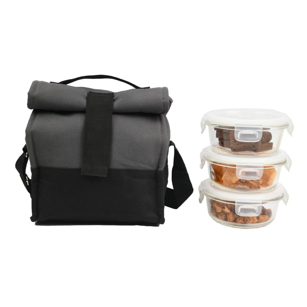 Femora Borosilicate Glass Round Container Grey Black Canvas Lunch Box-380ml, Set of 3