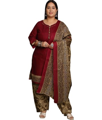 Rajnandini Women Cotton Blend Printed Straight Kurti With Patiala Salwar ( Wine )