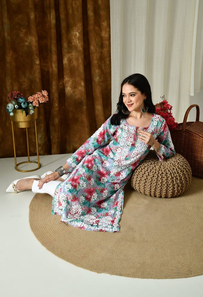 Multi color Mulmul Pure Cotton Lucknow Chikankari Kurta -Lavender