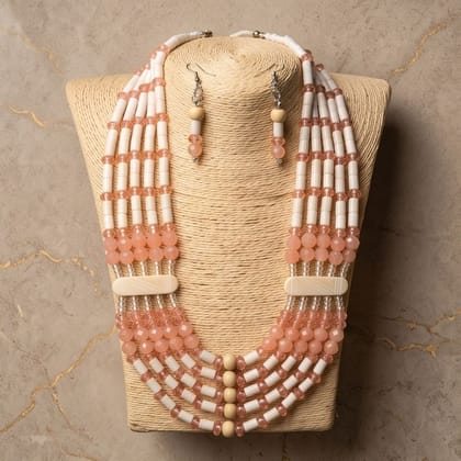 Traditional Multi-Strand Beaded Tribal Necklace & Earrings Set in Peach & Ivory