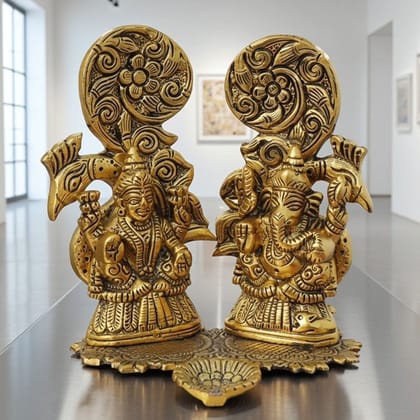 Aluminium Peacock Laxmi Ganesh Idol | Decorative Diwali Puja Statue, Height : 6.2 Inch (ASMAS432 G)