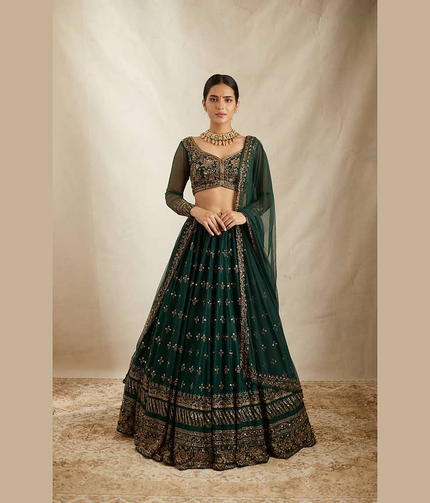 KV Fashion Green Chiffon Chaniya Choli Semi Stitched Lehenga Single
