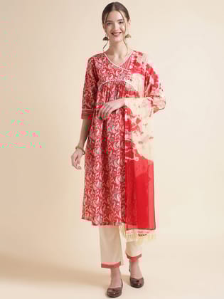 Red Printed Cotton Blend V-Neck Kurta Set-S