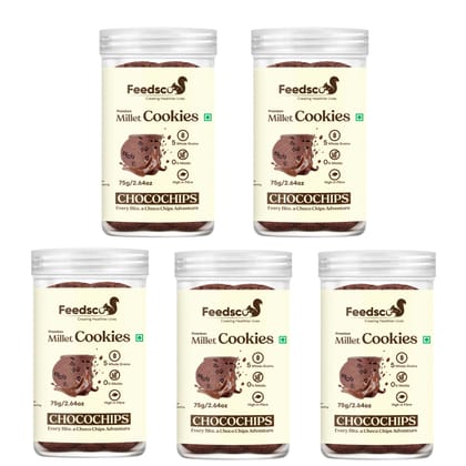 Feedsco Chocochips Millet Cookies (75g x 5 Packs) - Tasty & Healthy Snack with Natural Sweetness - Best Healthy Cookies for Kids & Adults