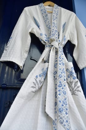 Blue Floral and Cypress Waffle Cotton Bathrobe Blue Floral and Cypress Waffle Cotton Bathrobe