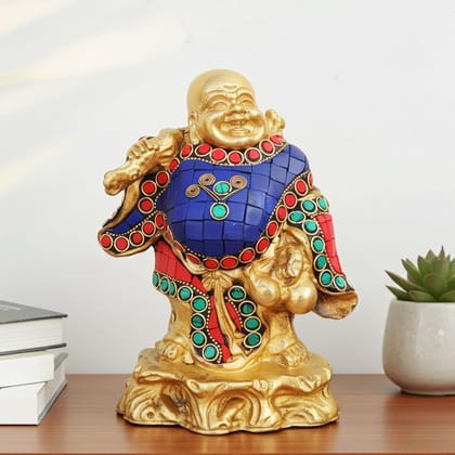 Brass Laughing Buddha Turquoise Coral Finish Statue, Height : 7 Inch (BSMAS778 A)