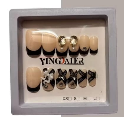 Kozykit Reusable Artificial Nails Set for Women & Girls | Press On Fake Nail Extensions with Artificial Pearls | Acrylic Stick On Nails | Skin & Black Elegant Nail Design | Easy to Apply Nail Extensions Kit