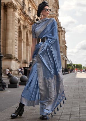 Allure Blue Woven Satin Silk Saree With Brocade Blouse