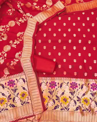 Noor-e-Banaras Brocade Weaving Lichi Silk Red Suit