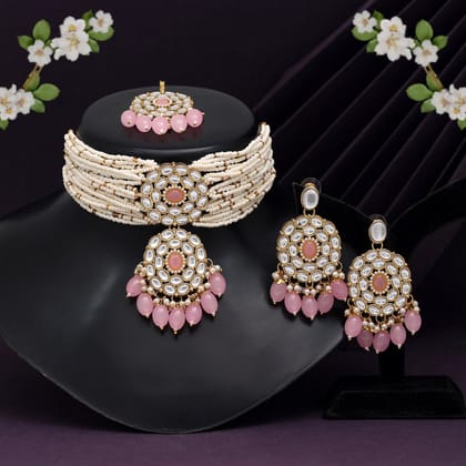 Pink Color Choker Kundan Necklace Set (KN1343PNK)-Adjustable Rope / Pink / Alloy With Good Quality Gold Plated