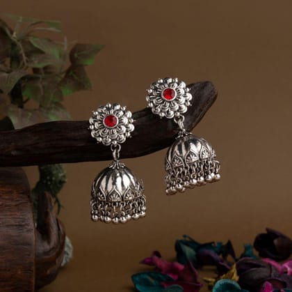 Silver Plated Floral Designed Artwork Stone Studded Antique Jhumki Earring- AER 1658