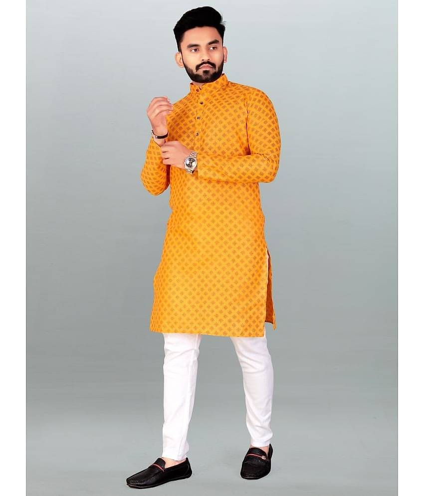 FRELURO Yellow Cotton Blend Men's Regular Kurta ( Pack of 1 )