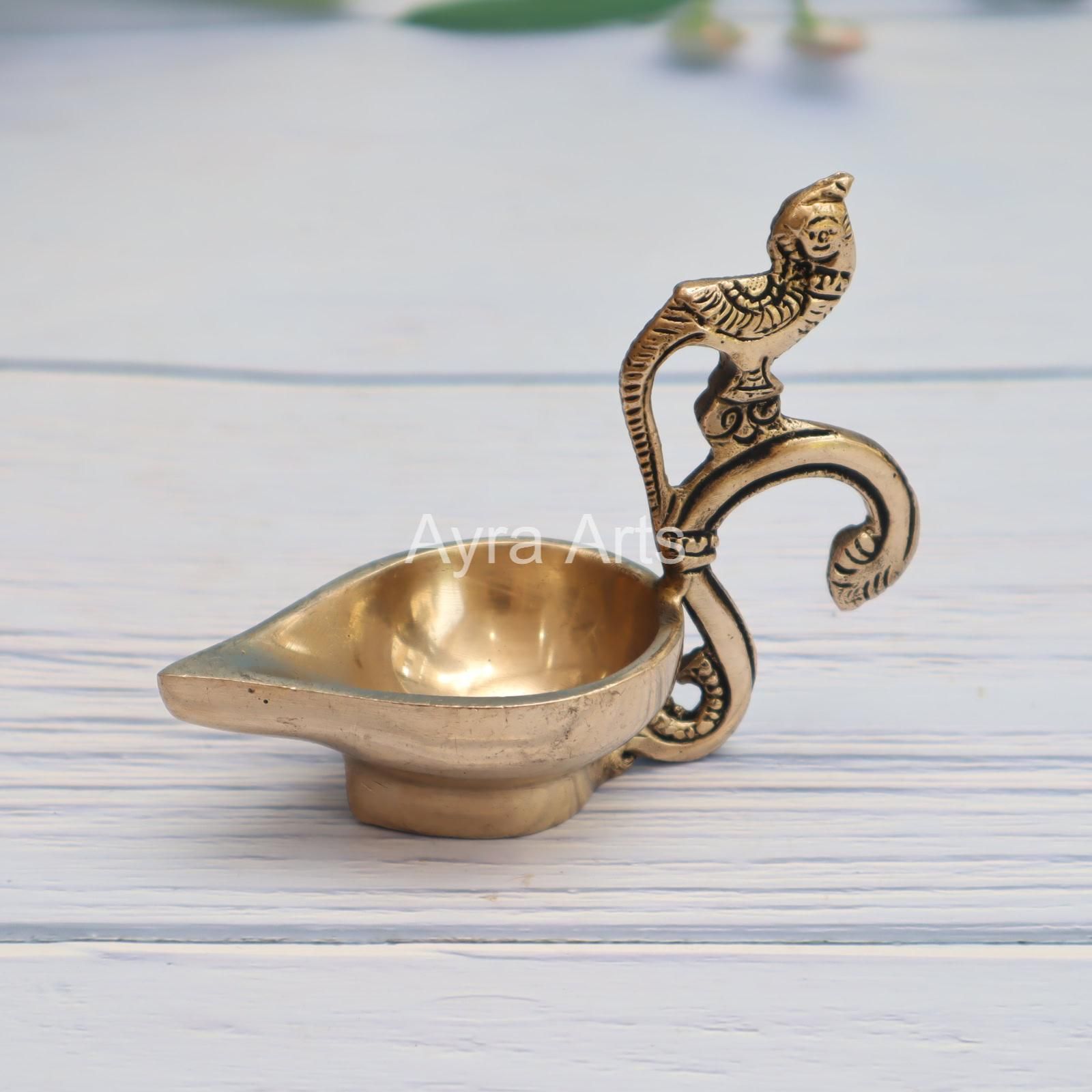 Brass Ek Aarti Handcrafted Aarti Diya with Parrot handle - 4.5 Inch Length
