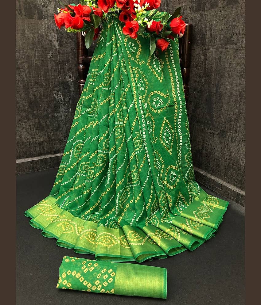 Samai Cotton Silk Printed Saree With Unstitched Blouse Piece ( Light Green )