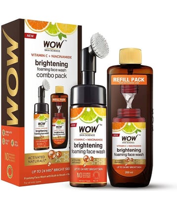 WOW Skin Science Vitamin C Foaming Face Wash Save Earth Combo Pack- Consist of Foaming Face Wash with Built-In Brush & Refill Pack - No Parabens, Sulphate, Silicones & Color - Net Vol. 350mL