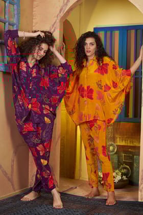 Yellow floral print crepe shirt with pants-M