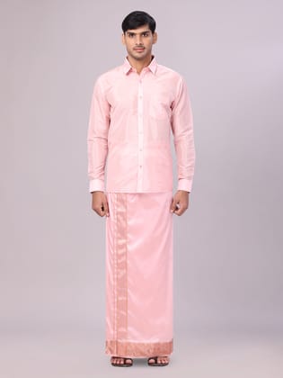Mens Art Silk Pink Full Sleeves Shirt with 3" Lt.Copper Jari Border Dhoti Combo Haldi-38 / F/S / Pink