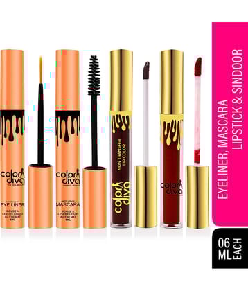 Color Diva Waterproof Eyeliner, Mascara, Sindoor & Liquid Lipstick Makeup Kit Pack of 4 24