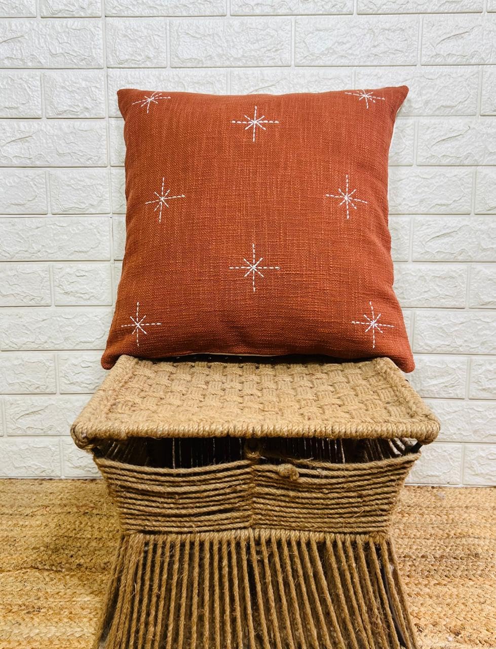 Indihomecraft Handicraft Cotton Cushion Cover - Hand Stitched Embroidery Decorative Art Boho Pillow Star Shape Red Brick Hand Made Pillow Cover | Square Shape 18X18 Inches Cushion Cover