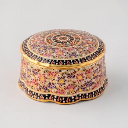 Eyaas Hand-Painted Round Benjarong Casket with Lid  Thai Porcelain Art
