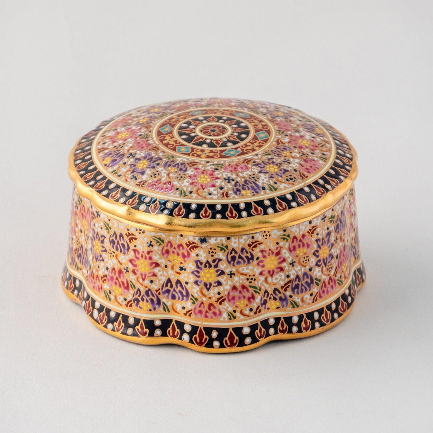 Eyaas Hand-Painted Round Benjarong Casket with Lid  Thai Porcelain Art
