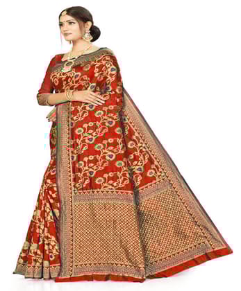 Women's Banarasi Silk Designer Weaving Saree with Unstitched Blouse (Red, 5.50 Mtrs)