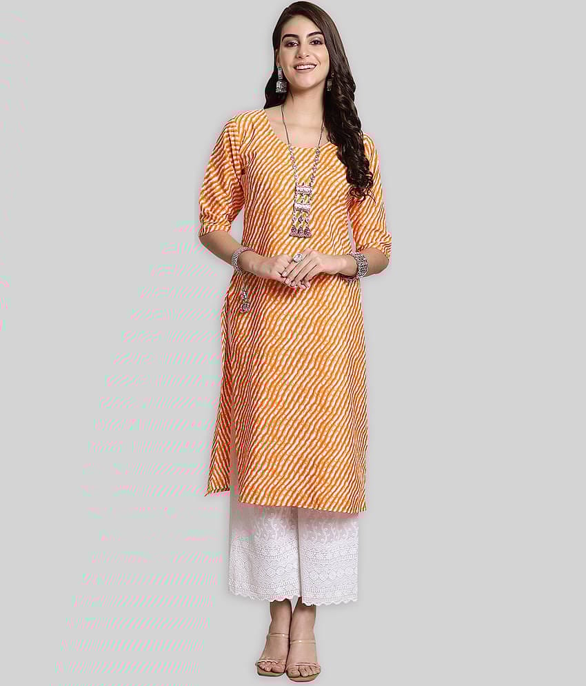 7Threads Crepe Striped Straight Women's Kurti - Orange ( Pack of 1 )