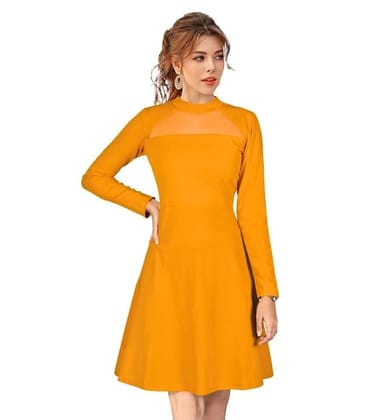 Women's Knitting Stretchable Solid Round Neck Full Sleeve Dresses (Yellow, M)-PID56838